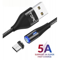 Магнитный кабель синхронизации Topk microUSB  QC3.0 1m 5A 360° нейлоновый черный (TK08U-VER2-BL)