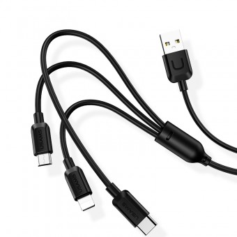 Кабель синхронизации Usams 3в1 MicroUSB, USB Type-C, IPhone 1.2m 2A черный (US-SJ324-BL)