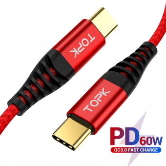 Кабель синхронизации Topk PD USB Type-C Power Delivery 60W 3A 1m нейлоновый красный (TKP42C-VER2-RD)