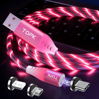 Светящийся магнитный кабель синхронизации Topk 3в1 1m 3A 360° розовый (TK16-3-VER2-PK)