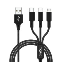 Кабель для зарядки Topk 3в1 MicroUSB, USB Type-C, IPhone 1.2m 2.4A нейлоновый черный (TK20-3-BL)