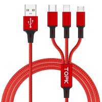 Кабель для зарядки Topk 3в1 MicroUSB, USB Type-C, IPhone 1.2m 2.4A нейлоновый красный (TK20-3-RD)