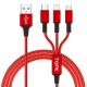 Кабель для зарядки Topk 3в1 MicroUSB, USB Type-C, IPhone 1.2m 2.4A нейлоновый красный (TK20-3-RD)