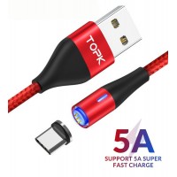 Магнитный кабель синхронизации Topk USB Type-C QC3.0 1m 5A 360° нейлоновый красный (TK08C-VER2-RD)