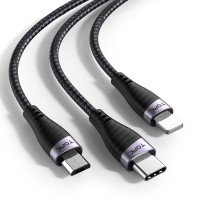Кабель для зарядки Topk 3в1 MicroUSB, USB Type-C, IPhone 1m 3A нейлоновый серый (TK15-3-GR)