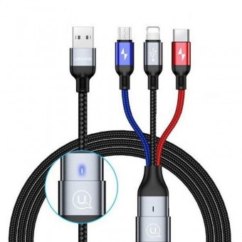Кабель синхронизации Usams 4в1+ OTG - MicroUSB, USB Type-C, IPhone 1.5m 2A нейлоновый черный (US-SJ420-BL)