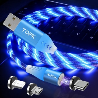 Светящийся магнитный кабель синхронизации Topk 3в1 1m 3A 360° голубой (TK16-3-VER2-BE)