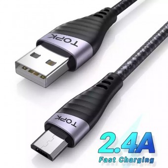 Кабель синхронизации Topk Micro USB 1m 2.4A нейлоновый черный (TK15U-VER2-BL)