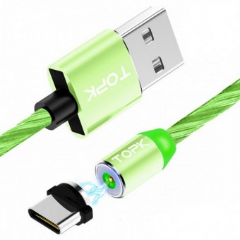 Светящийся магнитный кабель для зарядки Topk USB Type-C 1m 2.4A 360° зеленый (TK67C-VER2-GE)
