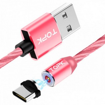 Магнітний кабель, що світиться, для заряджання Topk USB Type-C 1m 2.4A 360&deg; рожевий (TK67C-VER2-PK)