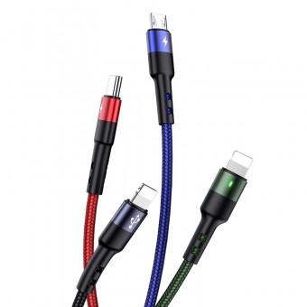 Кабель синхронизации Usams 4в1 MicroUSB, USB Type-C, 2xIPhone 1.2m 2A нейлоновый черный (US-SJ317-BL)