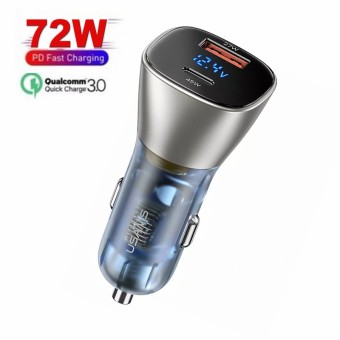 Автомобильное зарядное устройство Usams Quick Charge 3.0 + Type-C/PD 72W 2xPorts с цифровым дисплеем Gold (US-CC155)