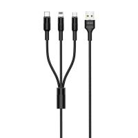 Кабель синхронизации Usams 3в1 MicroUSB, USB Type-C, IPhone 1.5m 2A нейлоновый черный (US-SJ219-BL)